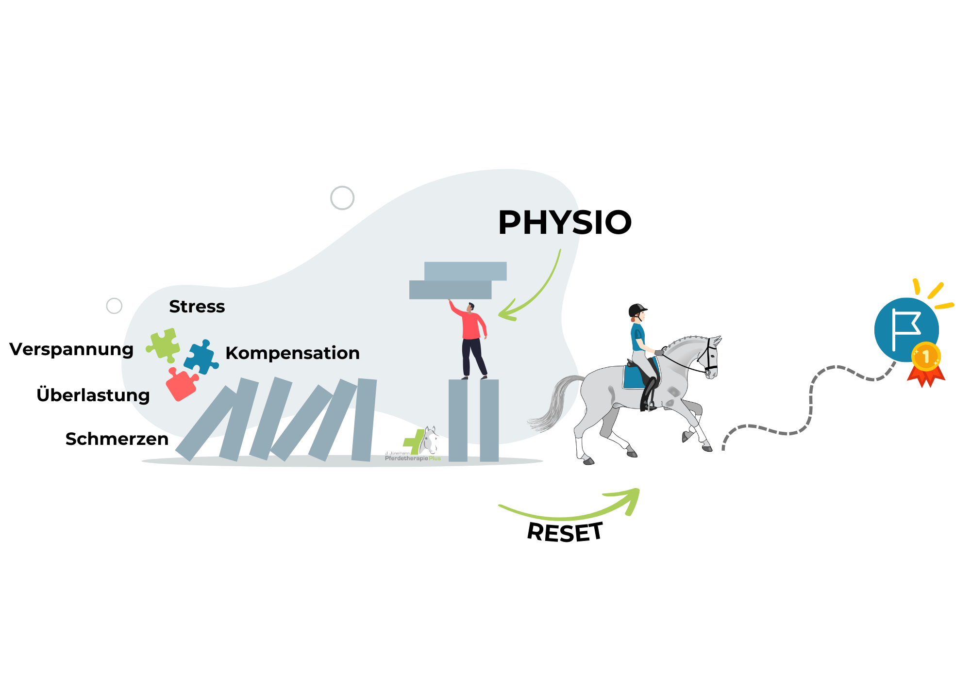 Grafik zum Dominoeffekt Stress und Verspannung auf dem Turnier und wie Pferdephysiotherapie das Pferd zum Erfolg führt